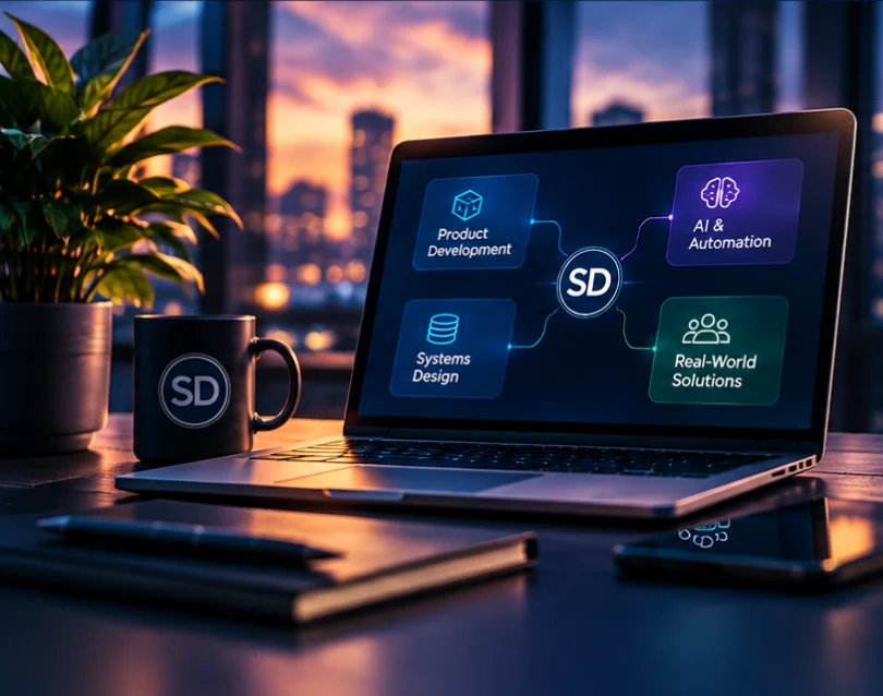Swain Digital workspace illustration with product development, AI, automation and systems on a laptop screen